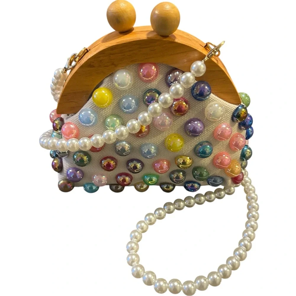 Colorful Beaded Women's Bag with Pearl Strap (NWOT)
